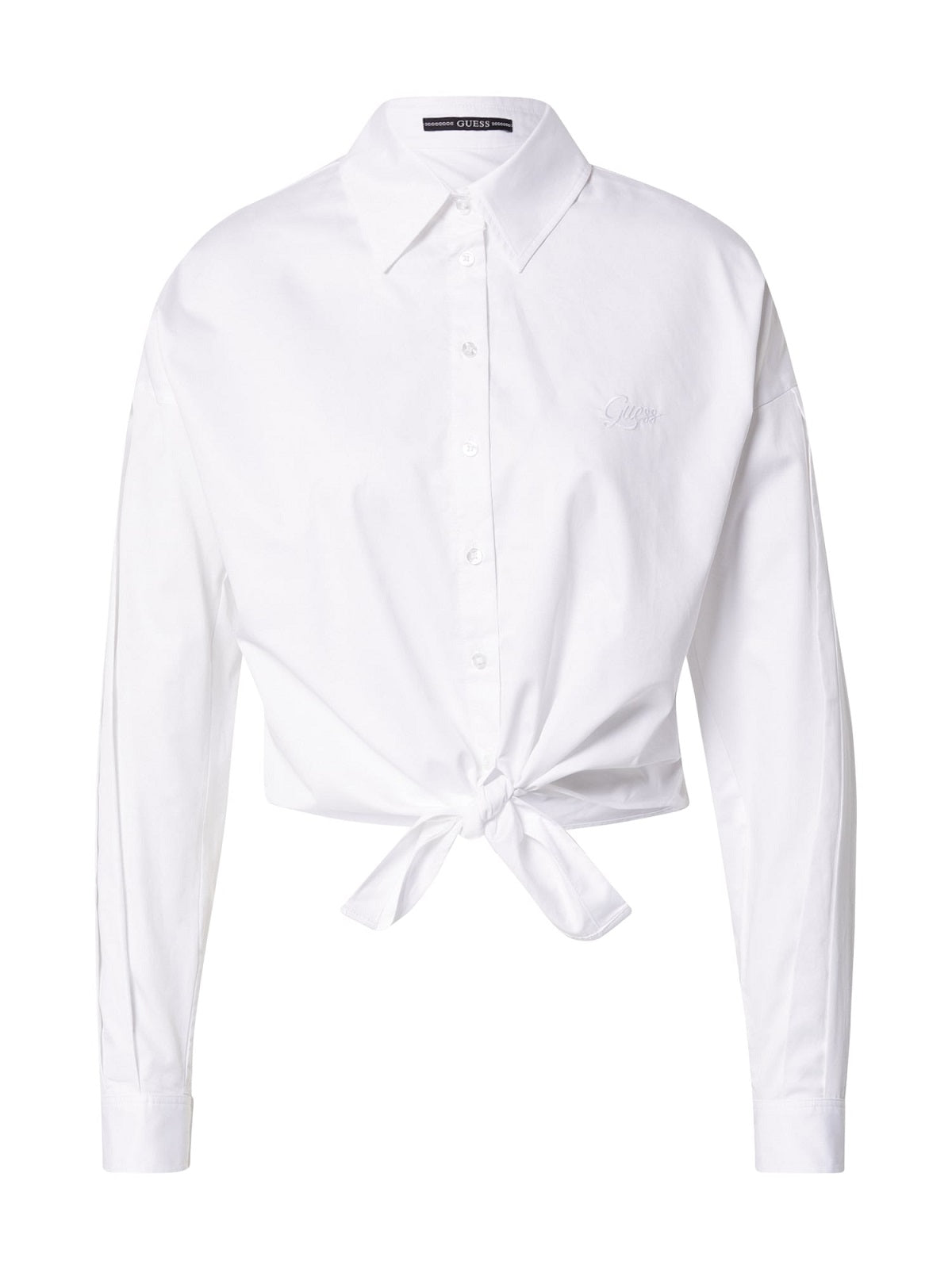 Camisa curta feminina GUESS Savina Cotton com amarração frontal, branca, tamanho pequeno