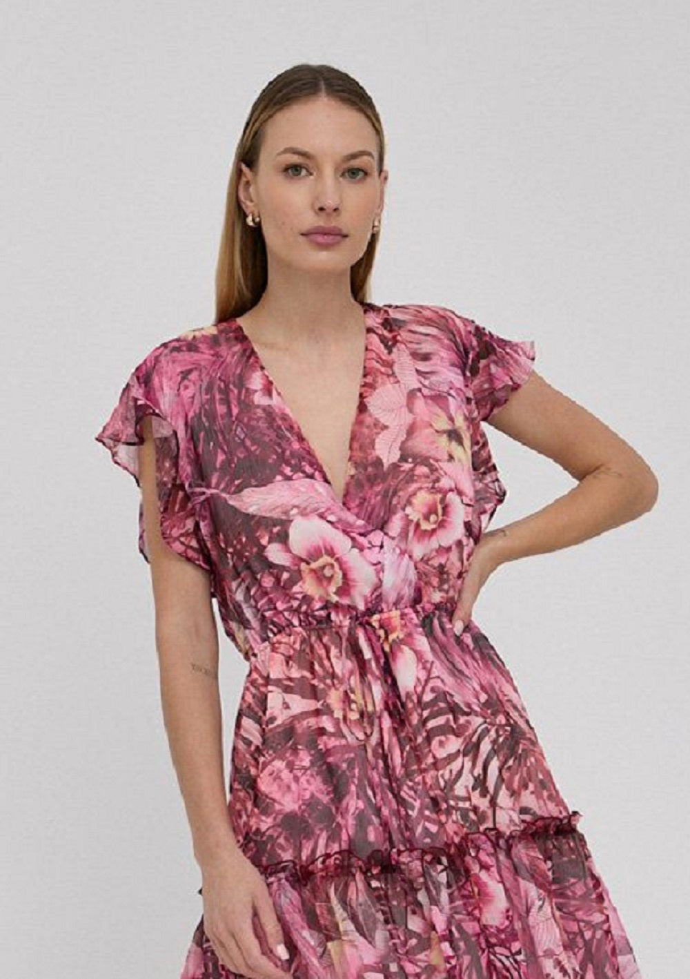 Vestido GUESS Feminino Rosa Estampa Floral Manga Flutter Rosa Tamanho Grande