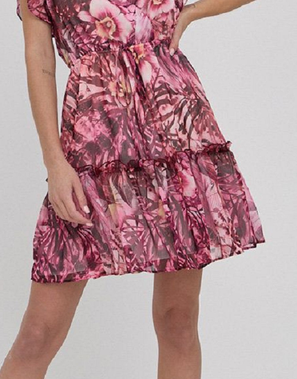 Vestido GUESS Feminino Rosa Estampa Floral Manga Flutter Rosa Tamanho Grande
