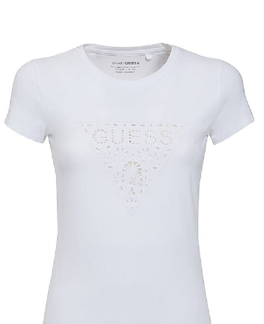 Camiseta feminina GUESS com logo e ilhós, branca, tamanho extragrande