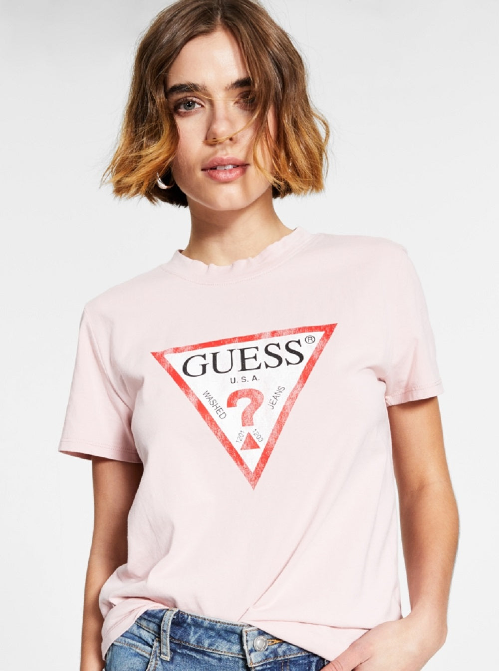 Camiseta feminina GUESS com estampa de logotipo rosa, tamanho X-S
