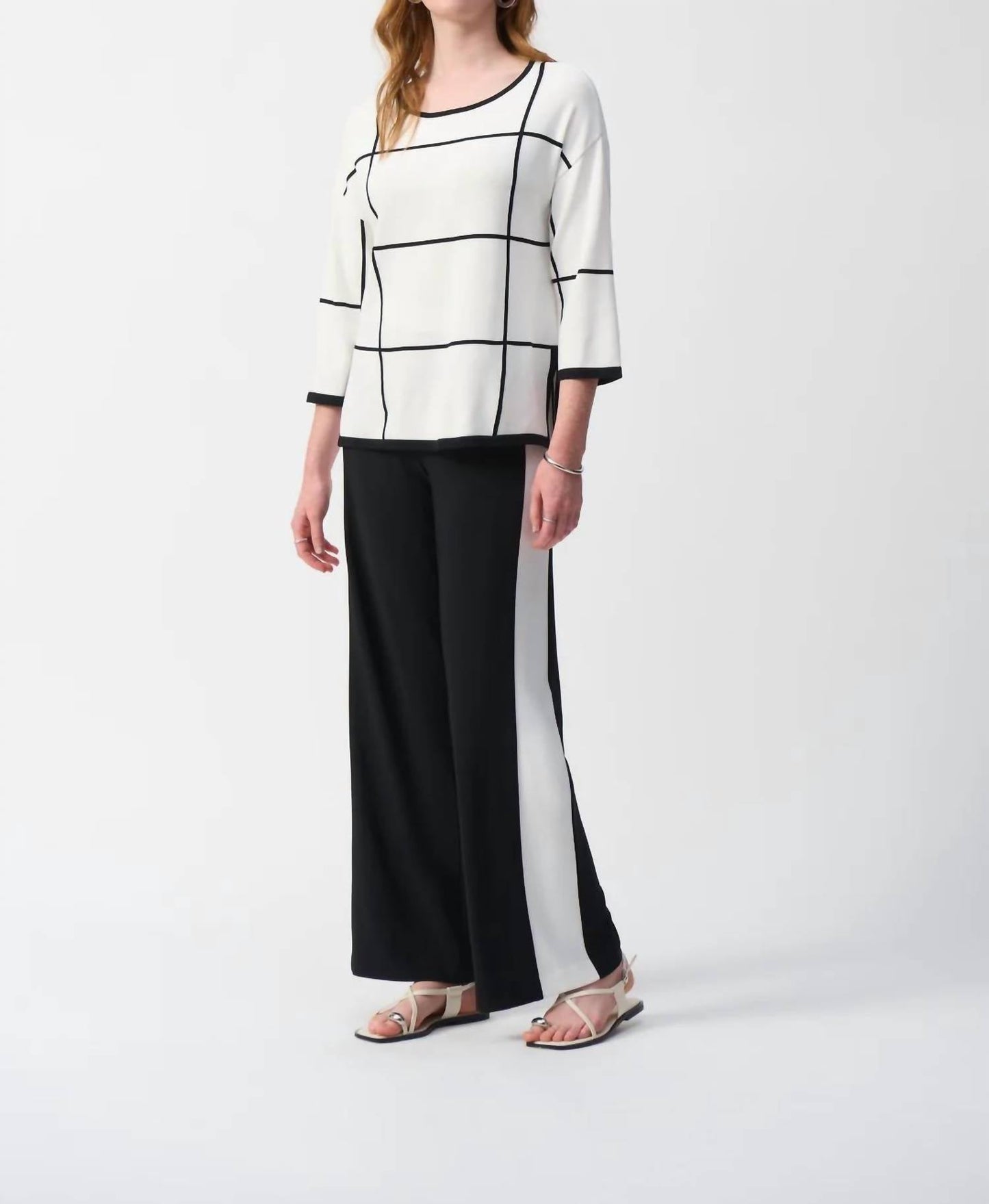 Joseph Ribkoff - Two-tone Plaid 3/4 Sleeves Lightweight Sweater Top