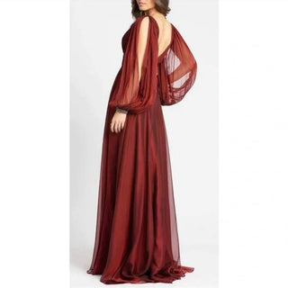 Mac Duggal - Vestido de chiffon com decote em V e corte A, punhos com contas