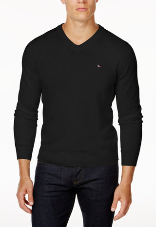 Suéter Tommy Hilfiger Signature Masculino com decote em V, preto, tamanho pequeno