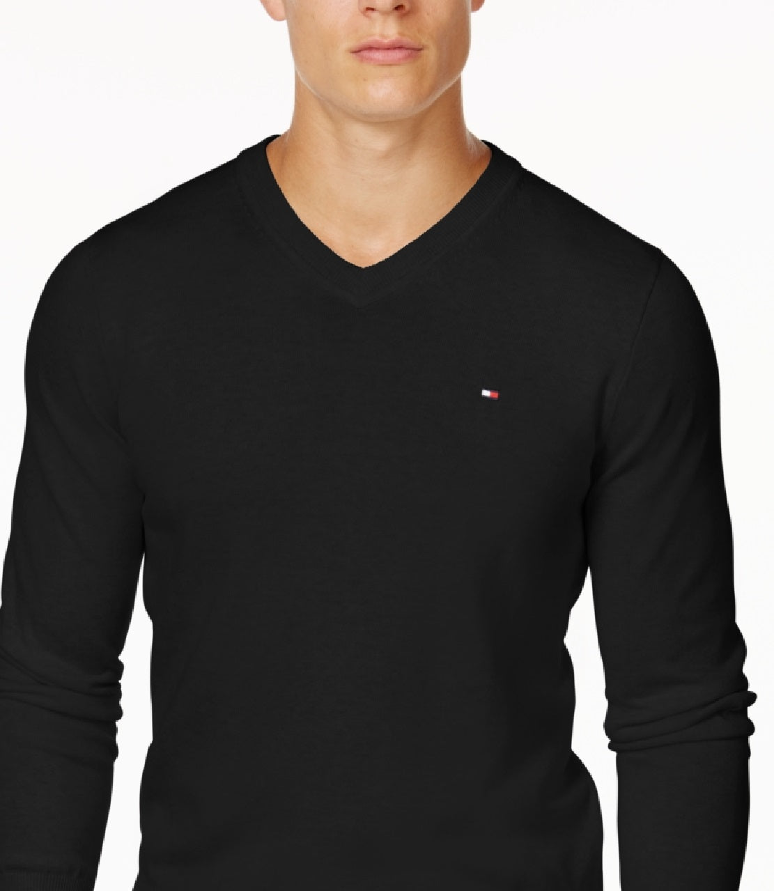 Suéter Tommy Hilfiger Signature Masculino com decote em V, preto, tamanho pequeno