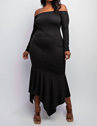 The Curve La - Plus Size Off Shoulder Metallic Knit Dress With Slit