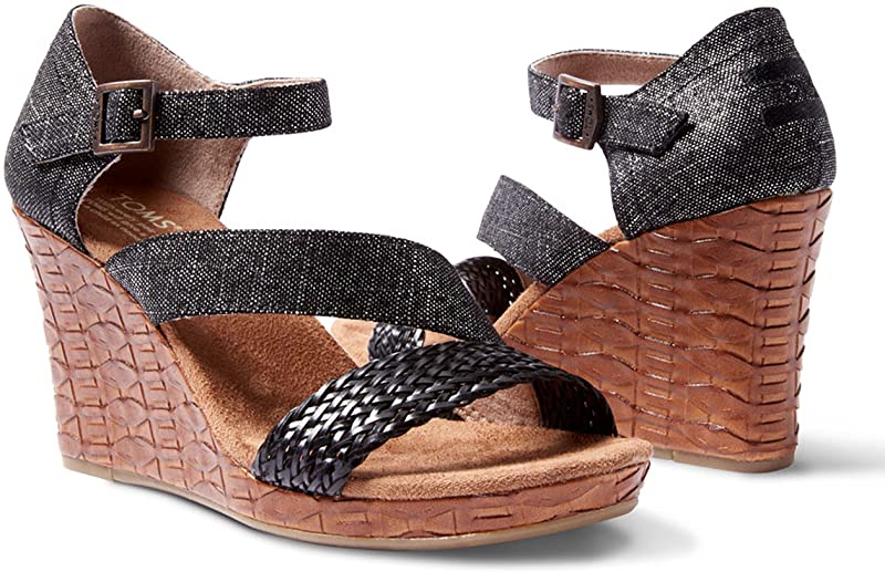TOMS Clarissa Wedges Feminino Preto/Linho Metálico