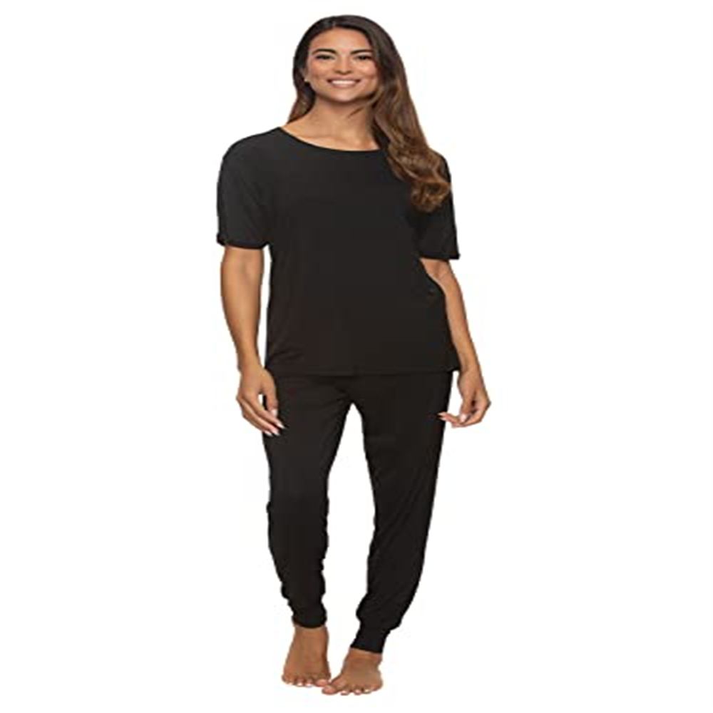 Camiseta feminina Felina preta com mangas dobradas e conjunto de calça jogger tamanho pequeno