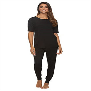 Camiseta feminina Felina preta com mangas dobradas e conjunto de calça jogger tamanho pequeno