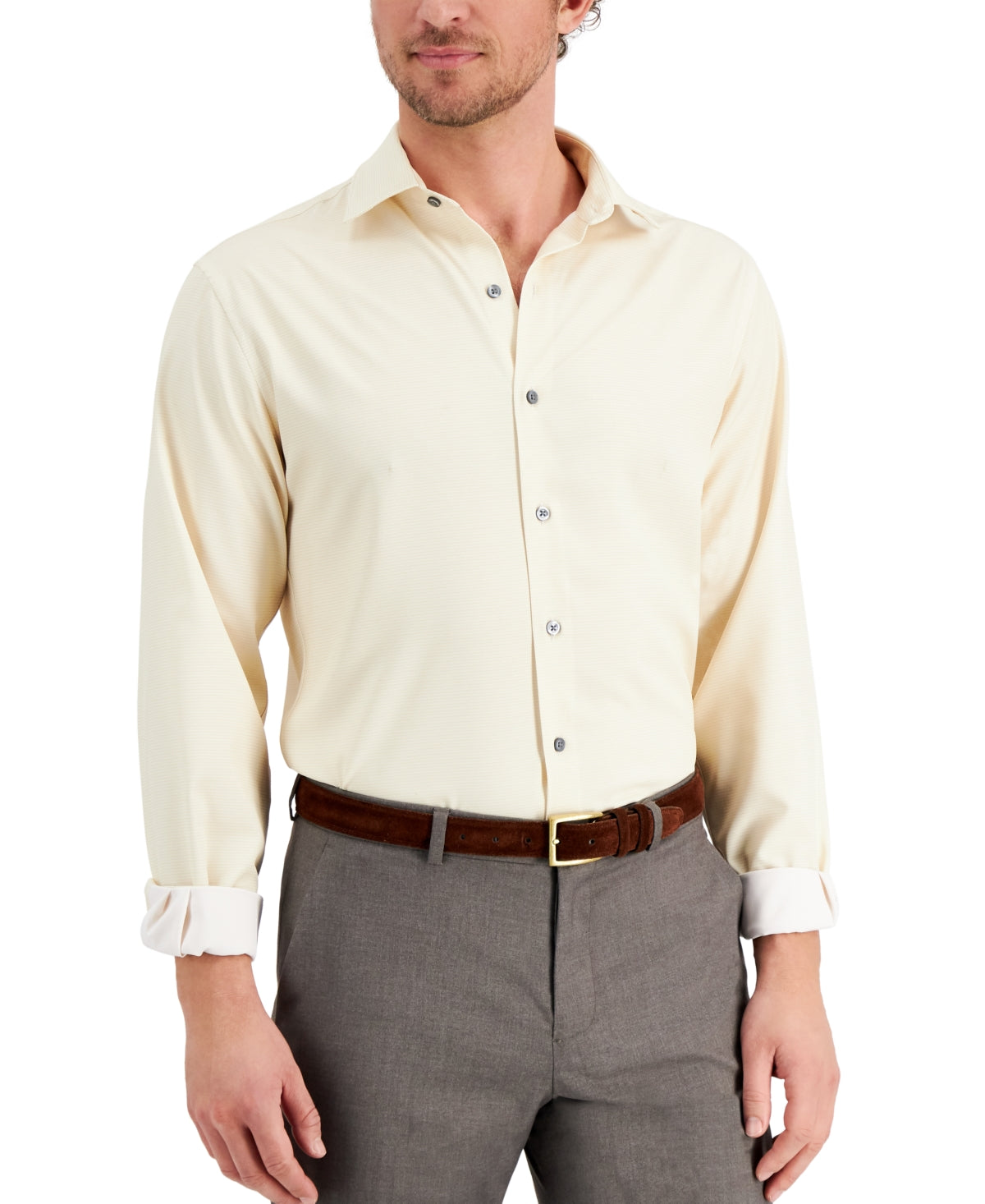 Camisa social masculina Alfani Slim Fit com estampa geométrica elástica em 4 direções, bege, tamanho 32x33