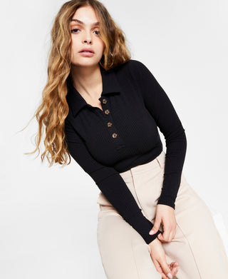 Bar III Women's Polo Style Ribbed Bodysuit Black Size Large