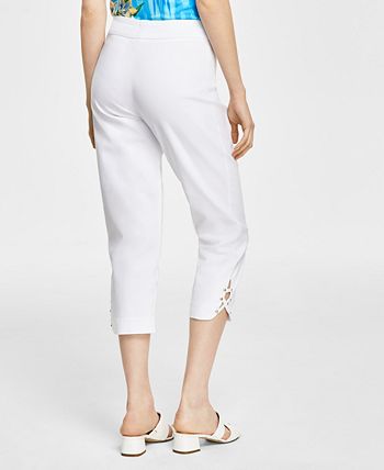 Calça Capri Feminina JM Collection com Barra Lattice e Tamanho Grande, Branca