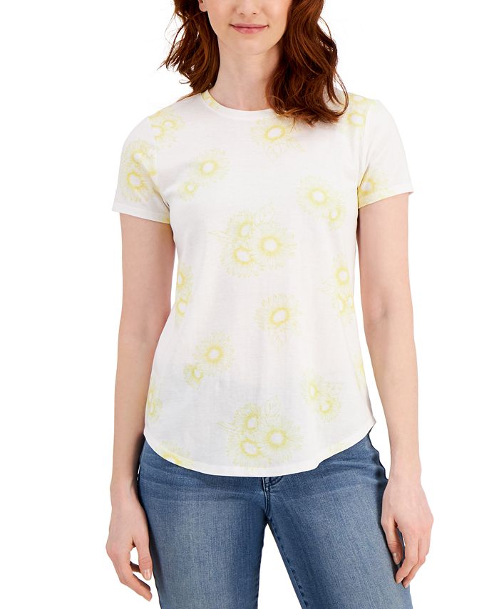 Camiseta feminina de algodão floral Style &amp; Co, branca, tamanho XX-G