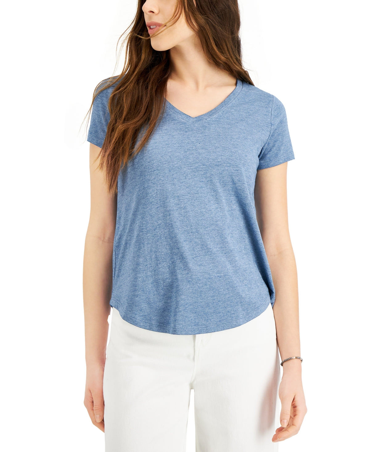 Camiseta feminina estilo &amp; co com decote em V e estampa Burnout, azul, tamanho pequeno e pequeno