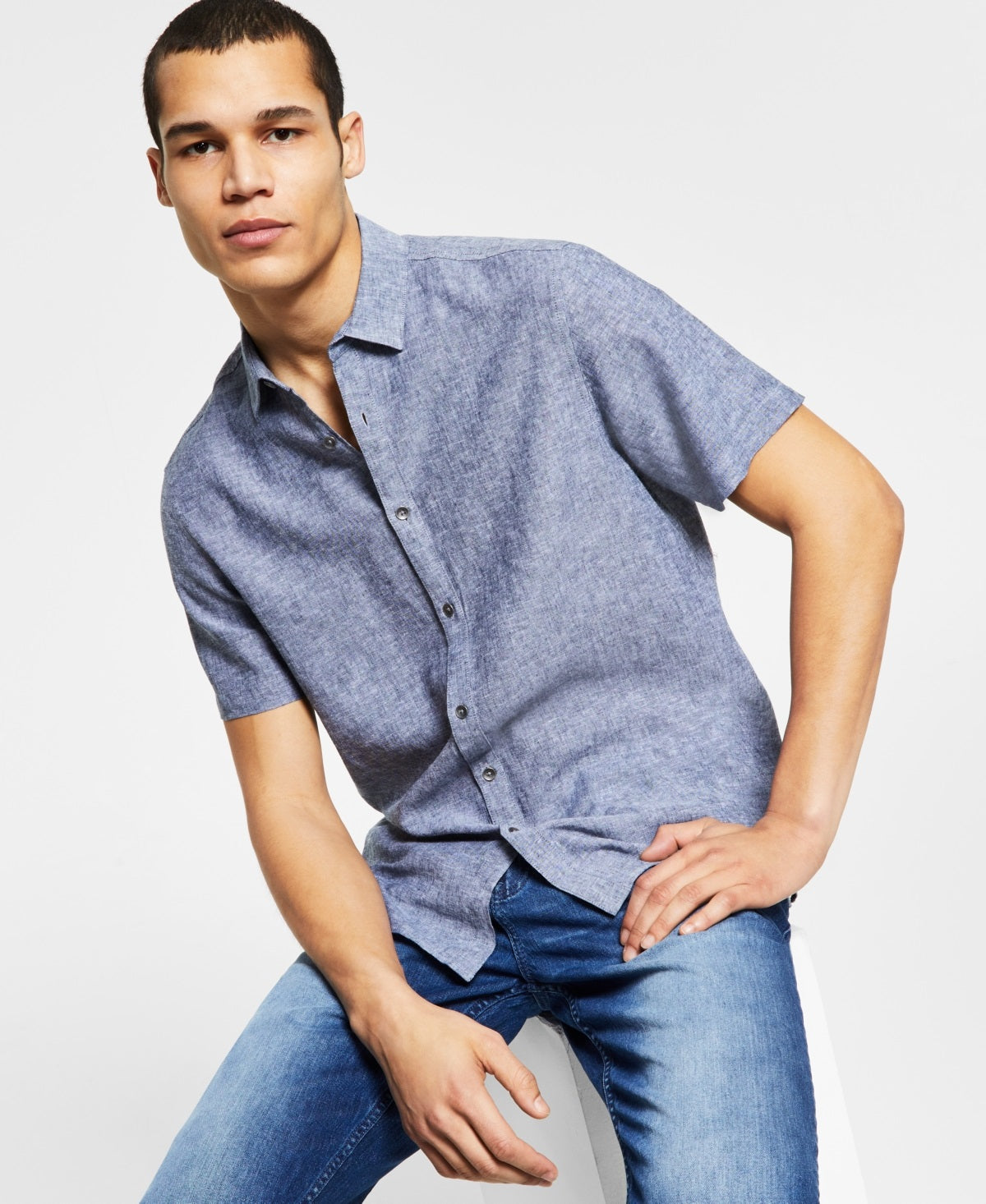 Camisa de linho masculina regular fit da INC International Concepts, azul, tamanho pequeno