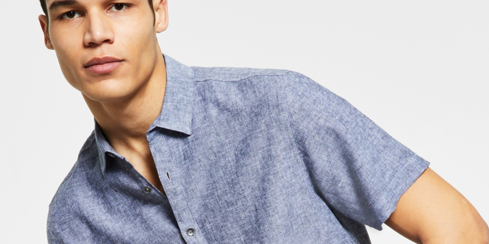 Camisa de linho masculina regular fit da INC International Concepts, azul, tamanho grande