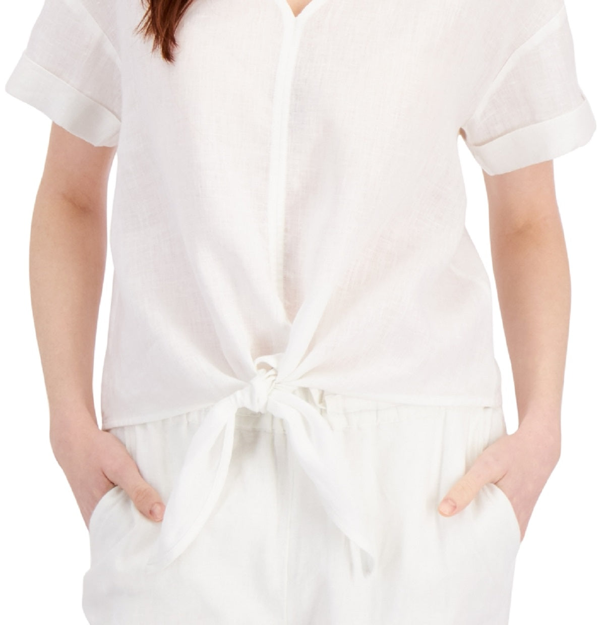 Top de linho feminino Charter Club com amarração frontal, branco, tamanho XX-G