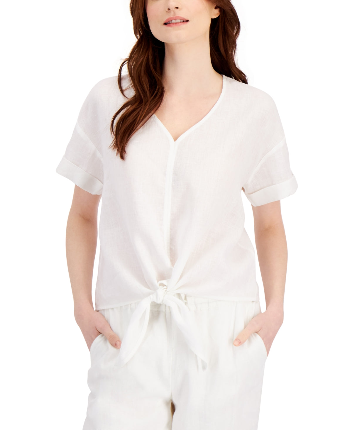 Top de linho feminino Charter Club com amarração frontal, branco, tamanho XX-G