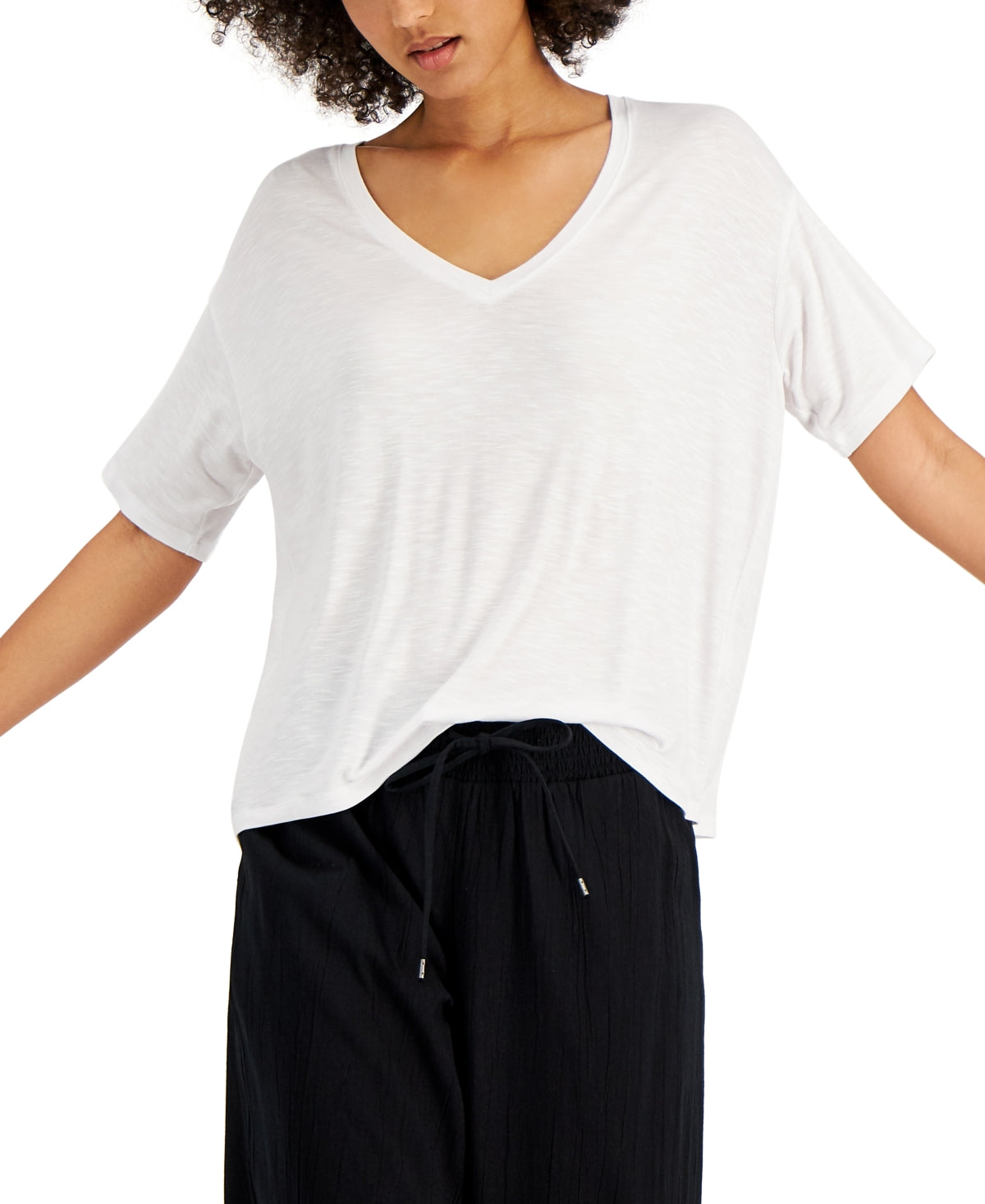 Camiseta feminina estilo &amp; co, gola V drapeada, branca, tamanho extrapequeno