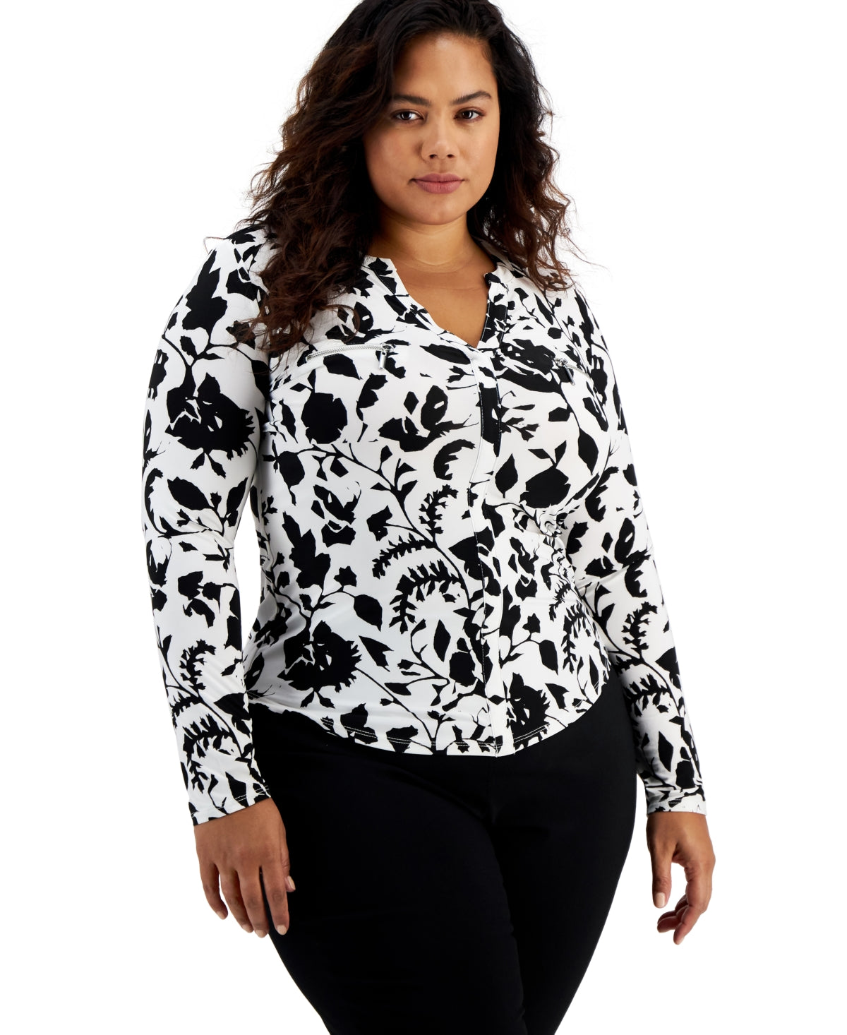 Blusa feminina com bolso e zíper da INC International Concepts, preta, tamanho 3X