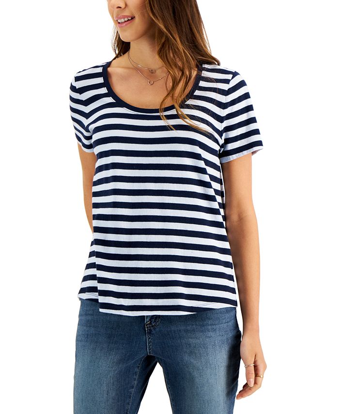 Camiseta feminina listrada de algodão estilo &amp; co, azul, tamanho pequeno pequeno