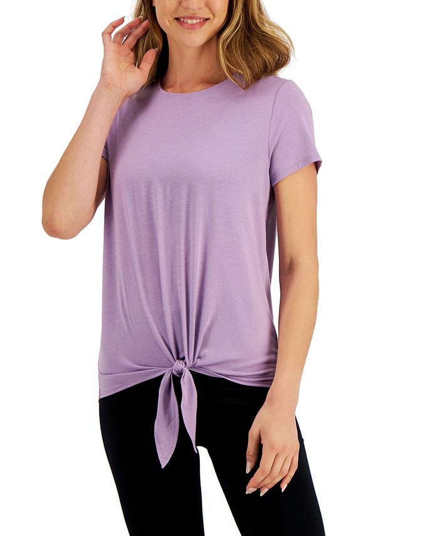 Camiseta feminina ID Ideology com nó frontal roxo, tamanho pequeno