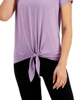 Camiseta feminina ID Ideology com nó frontal roxo, tamanho pequeno