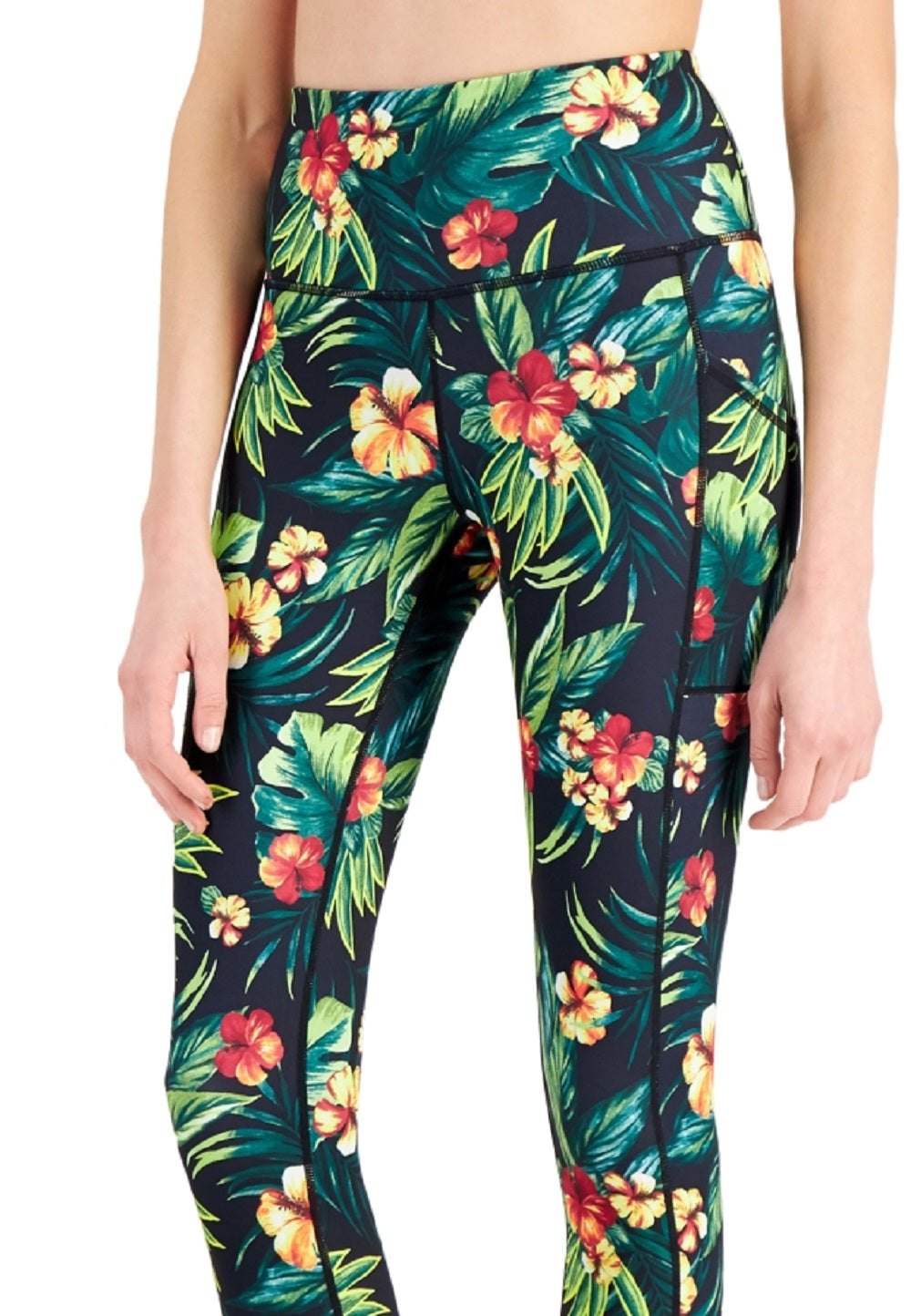 Leggings femininas ID Ideology Tropical com bolso lateral 7/8, pretas, tamanho X-S