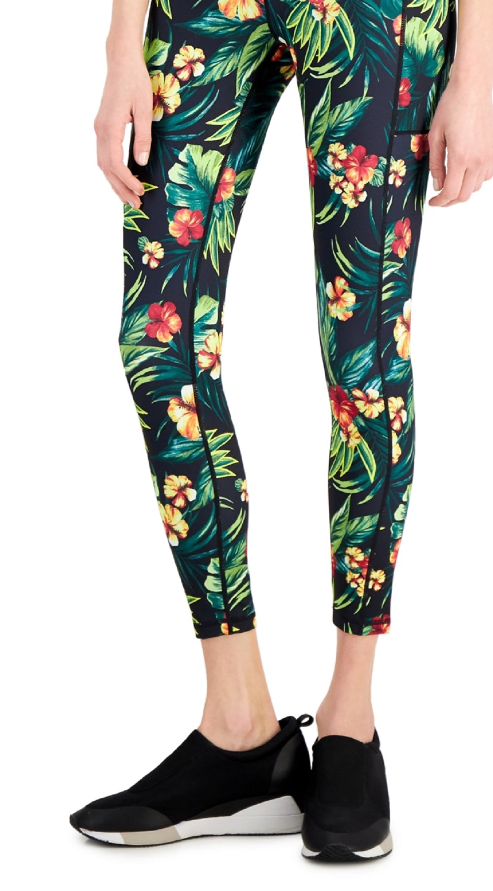 Leggings femininas ID Ideology Tropical com bolso lateral 7/8, pretas, tamanho X-S