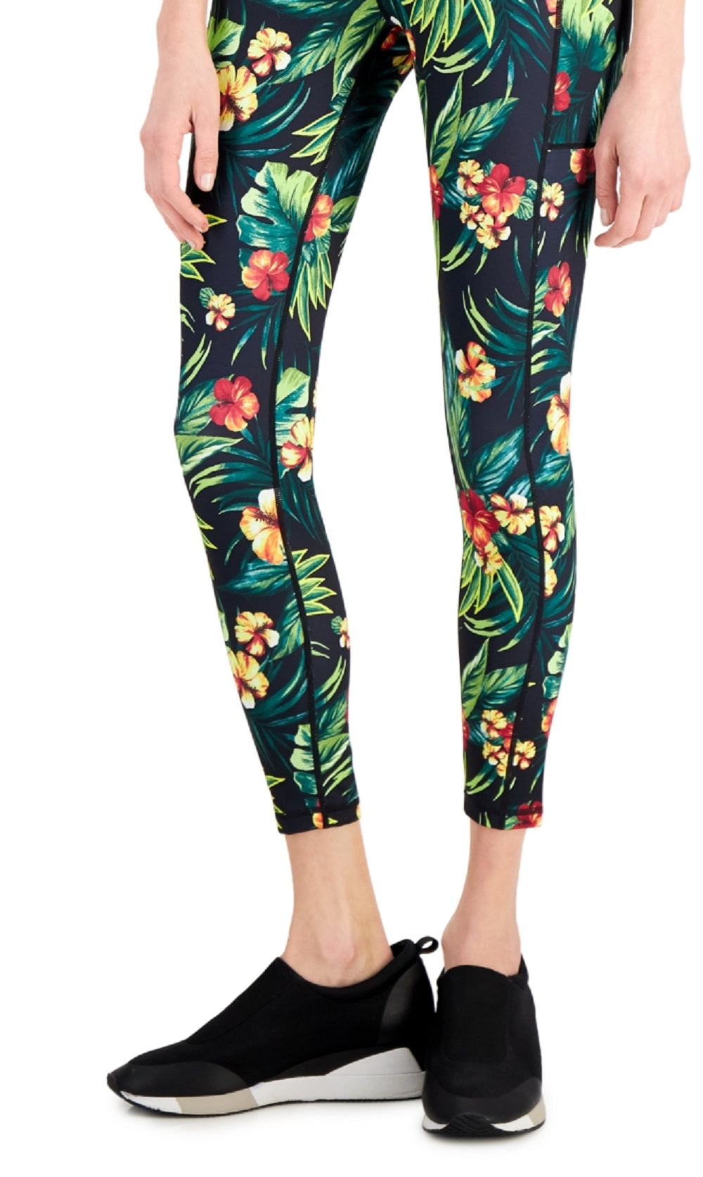 Leggings femininas ID Ideology com bolso lateral tropical 7/8, pretas, tamanho pequeno