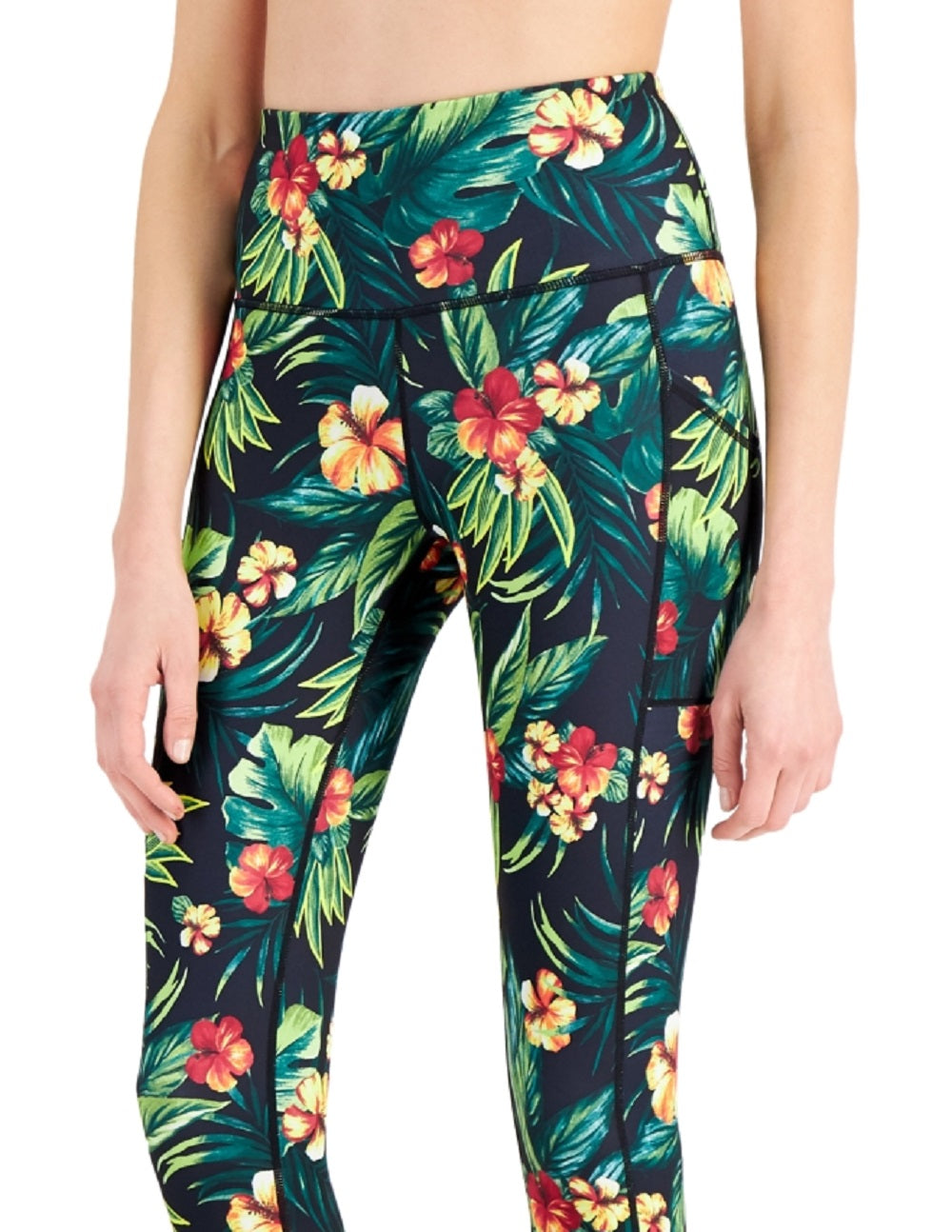 Leggings femininas ID Ideology com bolso lateral tropical 7/8, pretas, tamanho extragrande