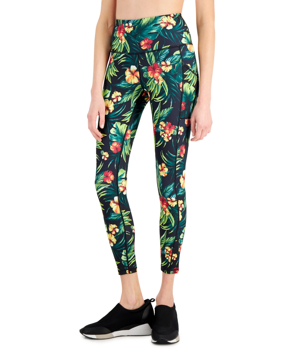 Leggings femininas ID Ideology com bolso lateral tropical 7/8, pretas, tamanho extragrande