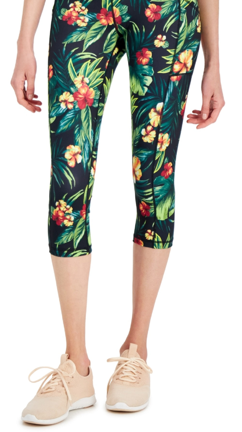 ID Ideology Leggings Cropped Femininas com Bolso Lateral Tropical, Pretas, Tamanho Médio