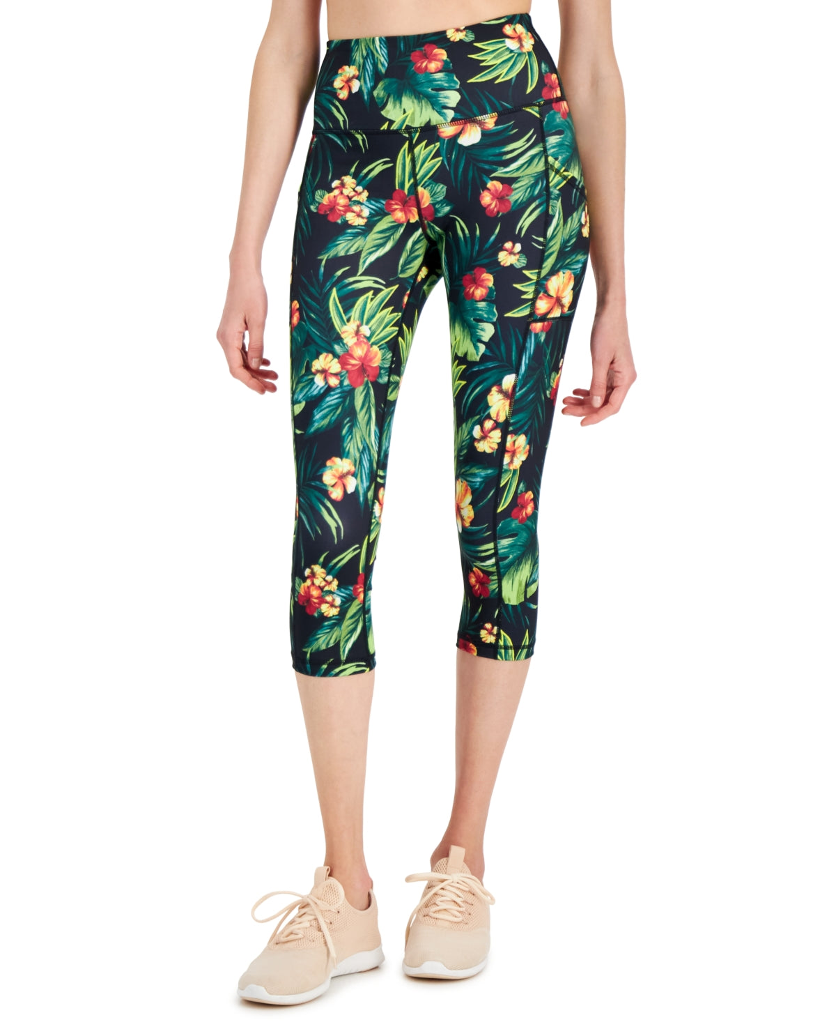ID Ideology Leggings Cropped Femininas com Bolso Lateral Tropical, Pretas, Tamanho Médio