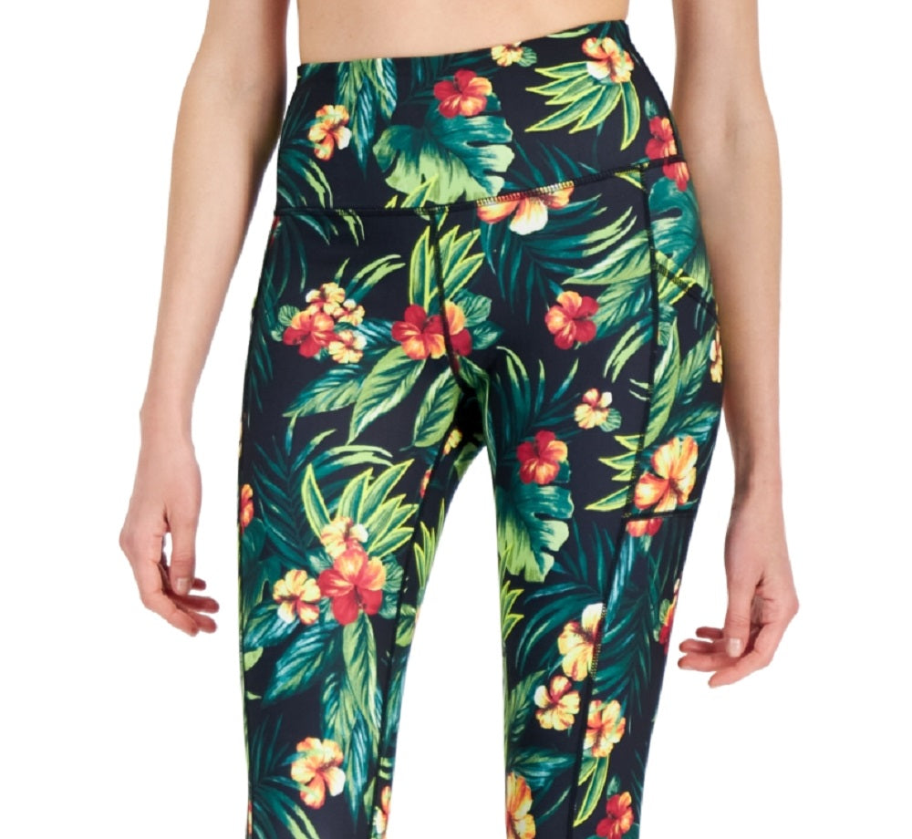 ID Ideology Leggings Cropped Femininas com Bolso Lateral Tropical, Pretas, Tamanho Grande