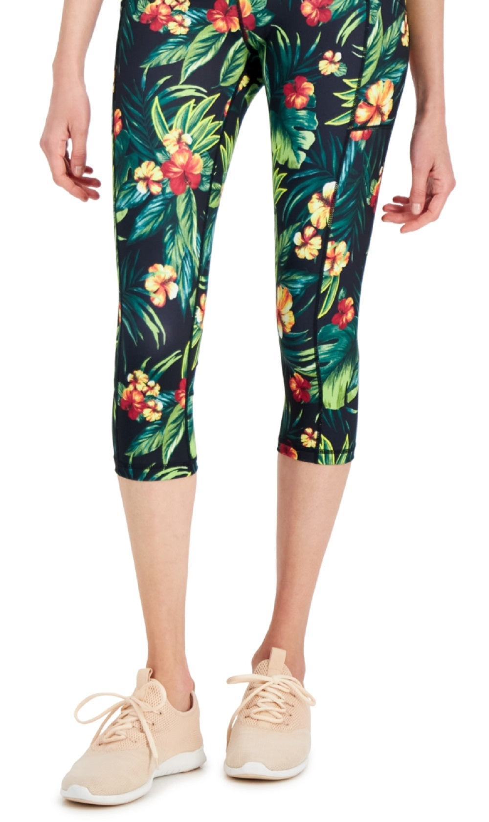 ID Ideology Leggings Cropped Femininas com Bolso Lateral Tropical, Pretas, Tamanho Grande
