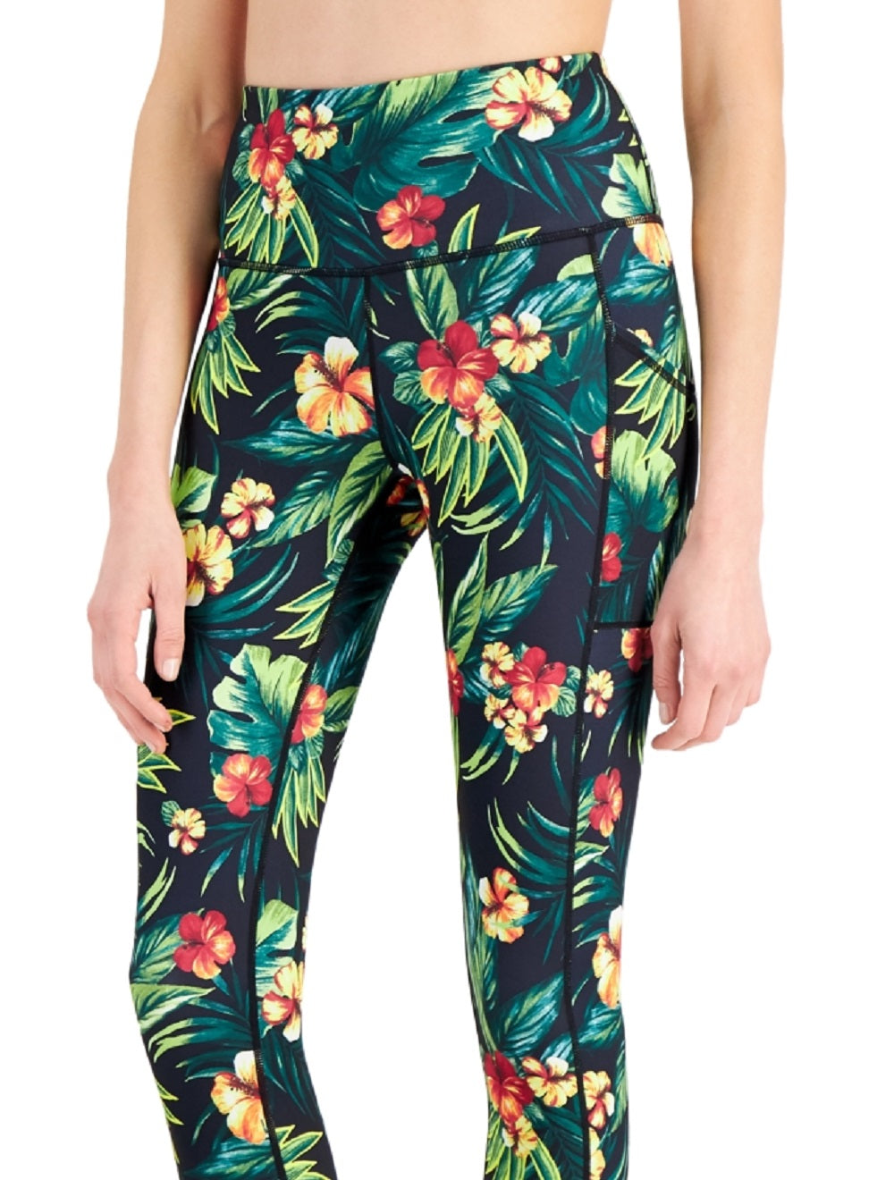 Leggings femininas ID Ideology com bolso lateral tropical 7/8, pretas, tamanho pequeno