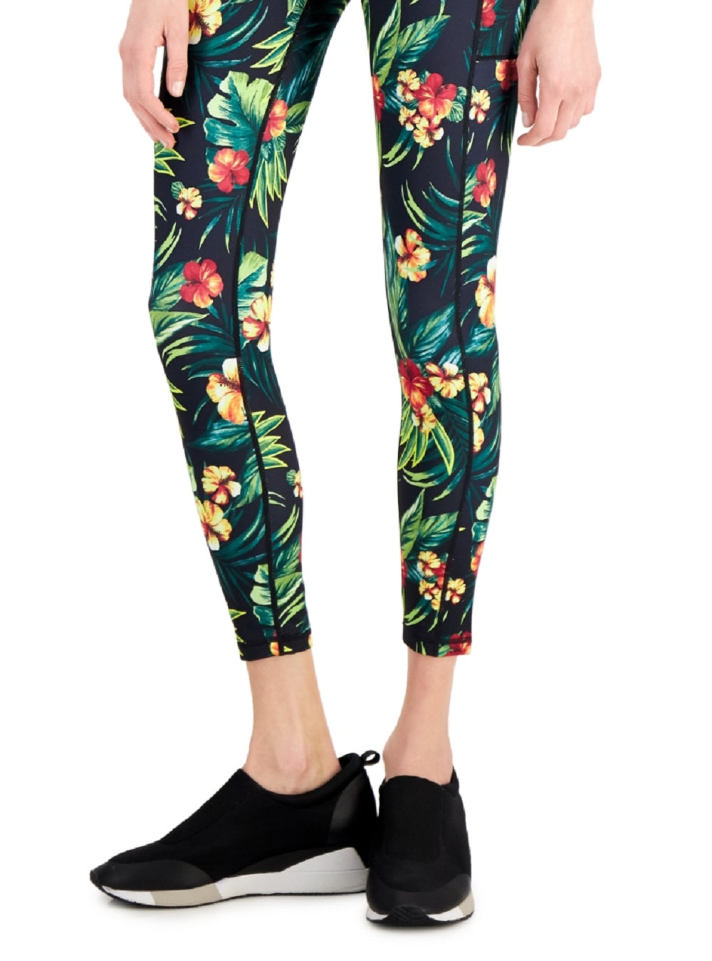 Leggings femininas ID Ideology com bolso lateral tropical 7/8, pretas, tamanho pequeno