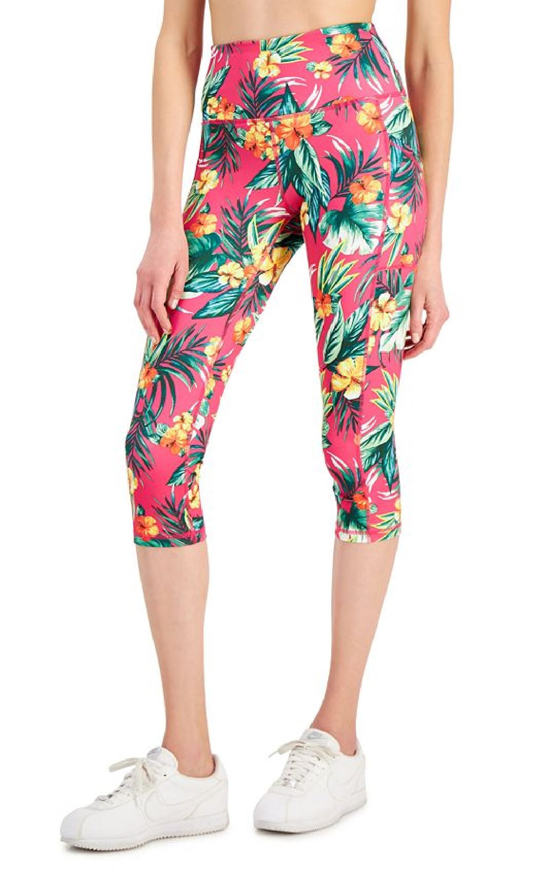 ID Ideology Leggings Cropped Femininas com Bolso Lateral Tropical, Pretas, Tamanho Pequeno