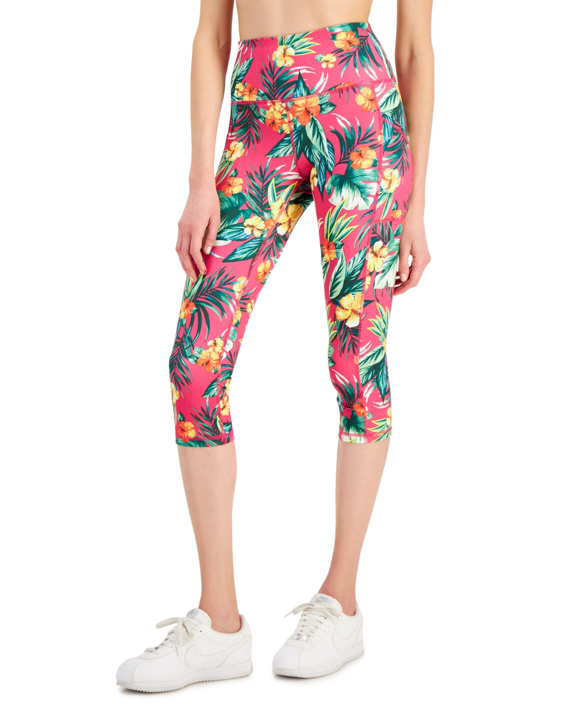ID Ideology Leggings Cropped Femininas com Bolso Lateral Tropical Rosa Tamanho Pequeno Grande