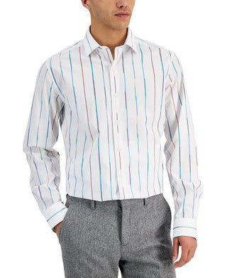 Camisa social listrada pintada masculina Bar III Slim Fit, branca, tamanho X-G