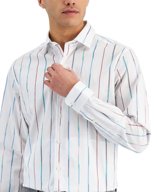 Camisa social listrada pintada masculina Bar III Slim Fit, branca, tamanho X-G