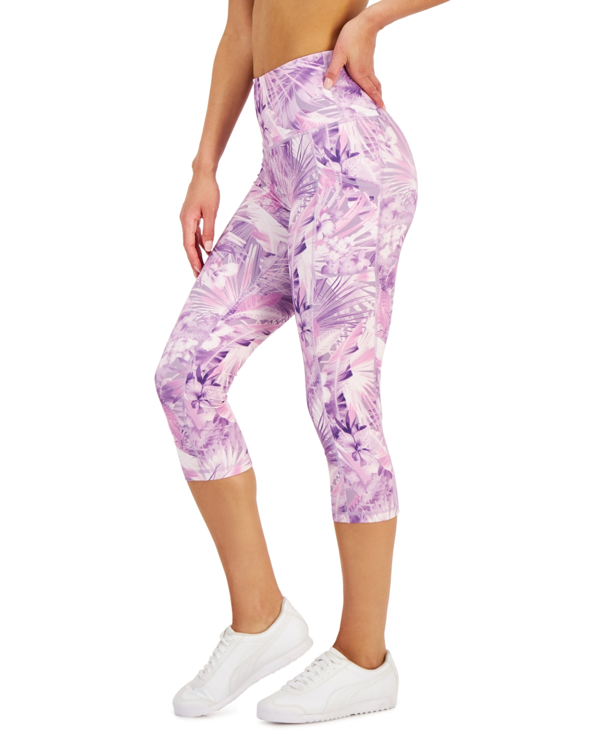 ID Ideology Leggings curtas de compressão femininas com bolso lateral, roxas, tamanho médio