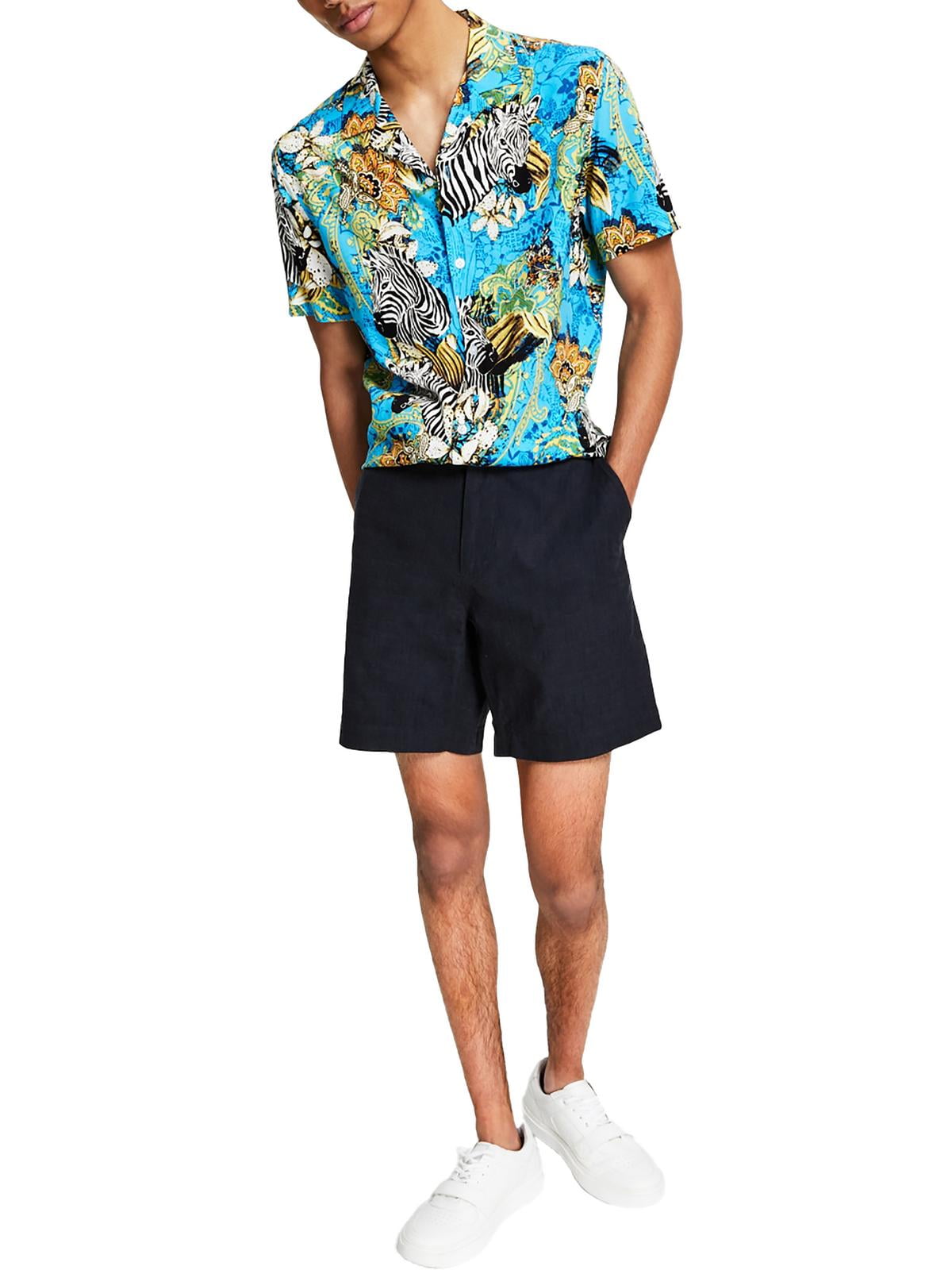 Calções de ganga Chambray com 7 costuras internas e frente lisa, preto, tamanho 34, da INC International Concepts para homem
