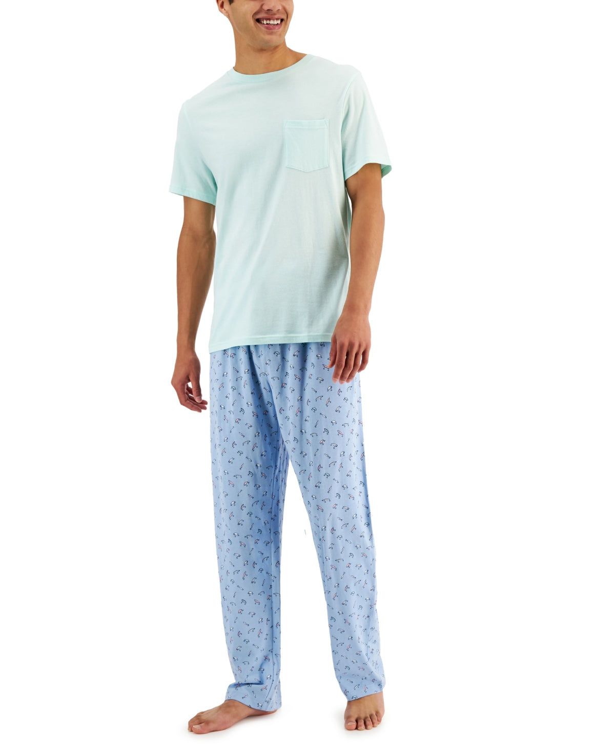 Conjunto de pijama masculino Club Room, 2 peças, camiseta lisa e calça estampada, azul, tamanho extragrande