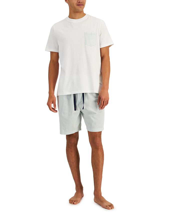 Conjunto de pijama masculino Club Room com 2 peças, camiseta com bolso e shorts listrados, verde, tamanho médio