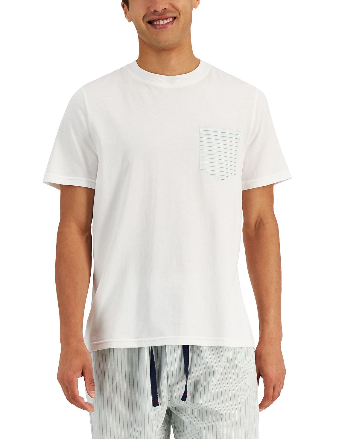 Conjunto de pijama masculino Club Room com 2 peças, camiseta com bolso e shorts listrados, verde, tamanho médio