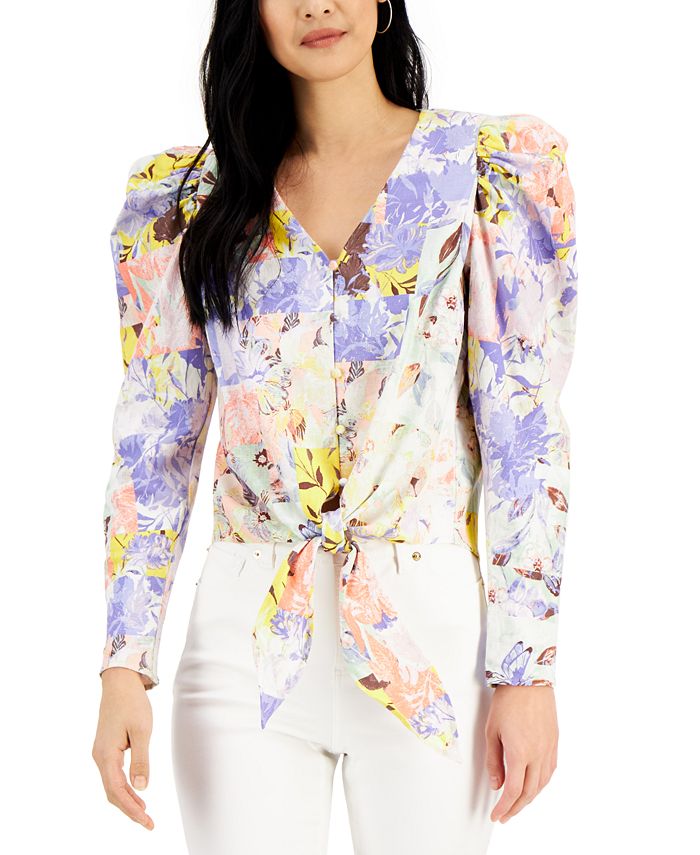 Blusa feminina com botões e amarração frontal, INC International Concepts, roxa, tamanho X-S