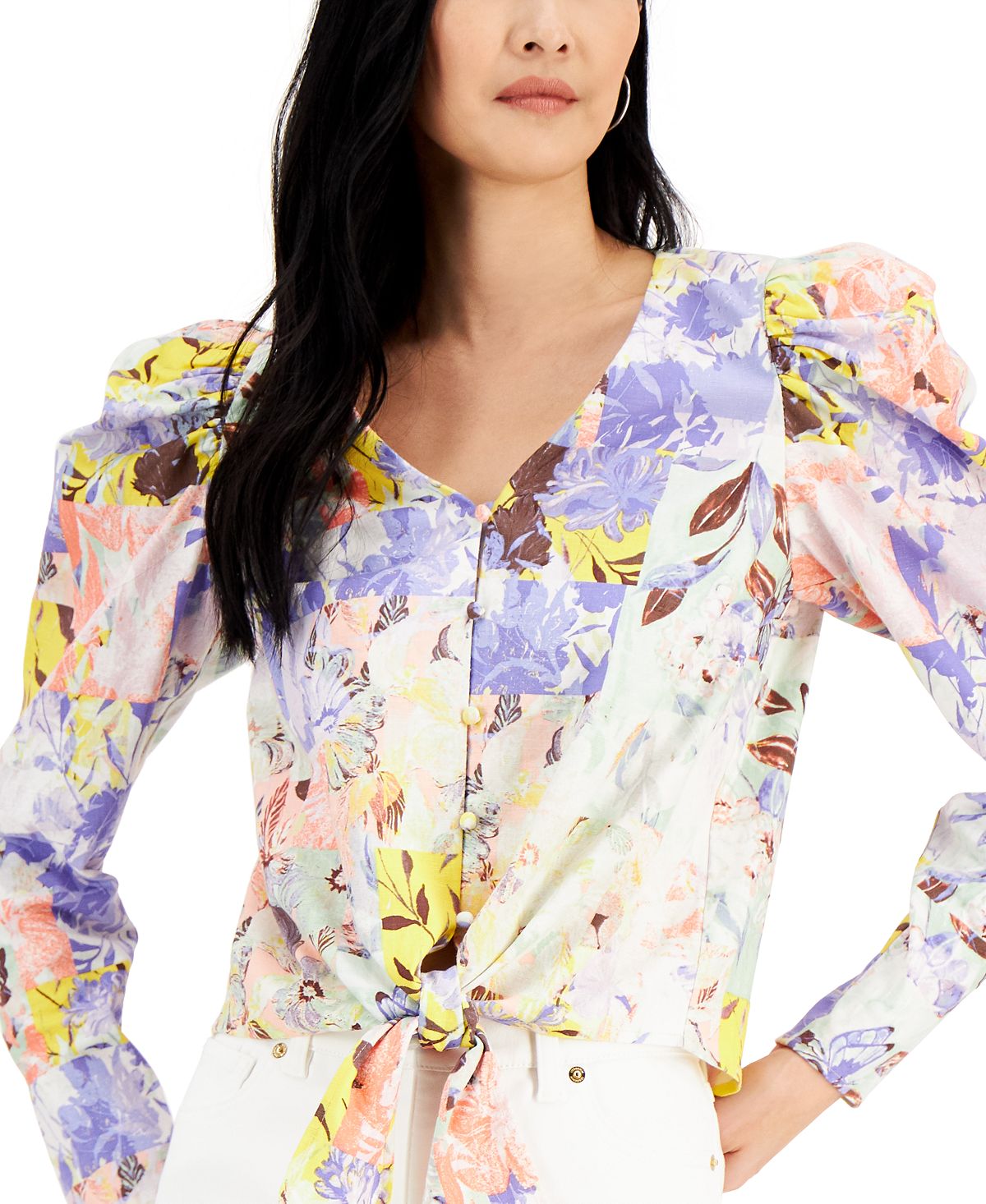 Blusa feminina com botões e amarração frontal, INC International Concepts, roxa, tamanho X-S