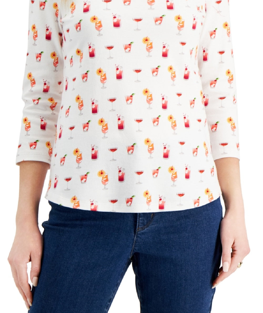 Camiseta feminina estampada de algodão Charter Club, branca, tamanho grande